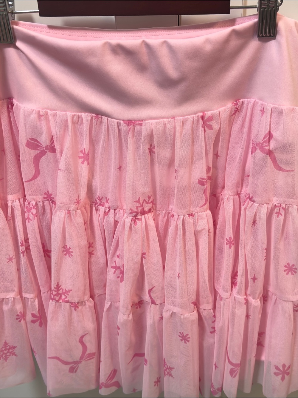Disney Light Pink Tiered Mesh A-Line Skirt with Bow & Snowflake Print - Picture 2 of 4